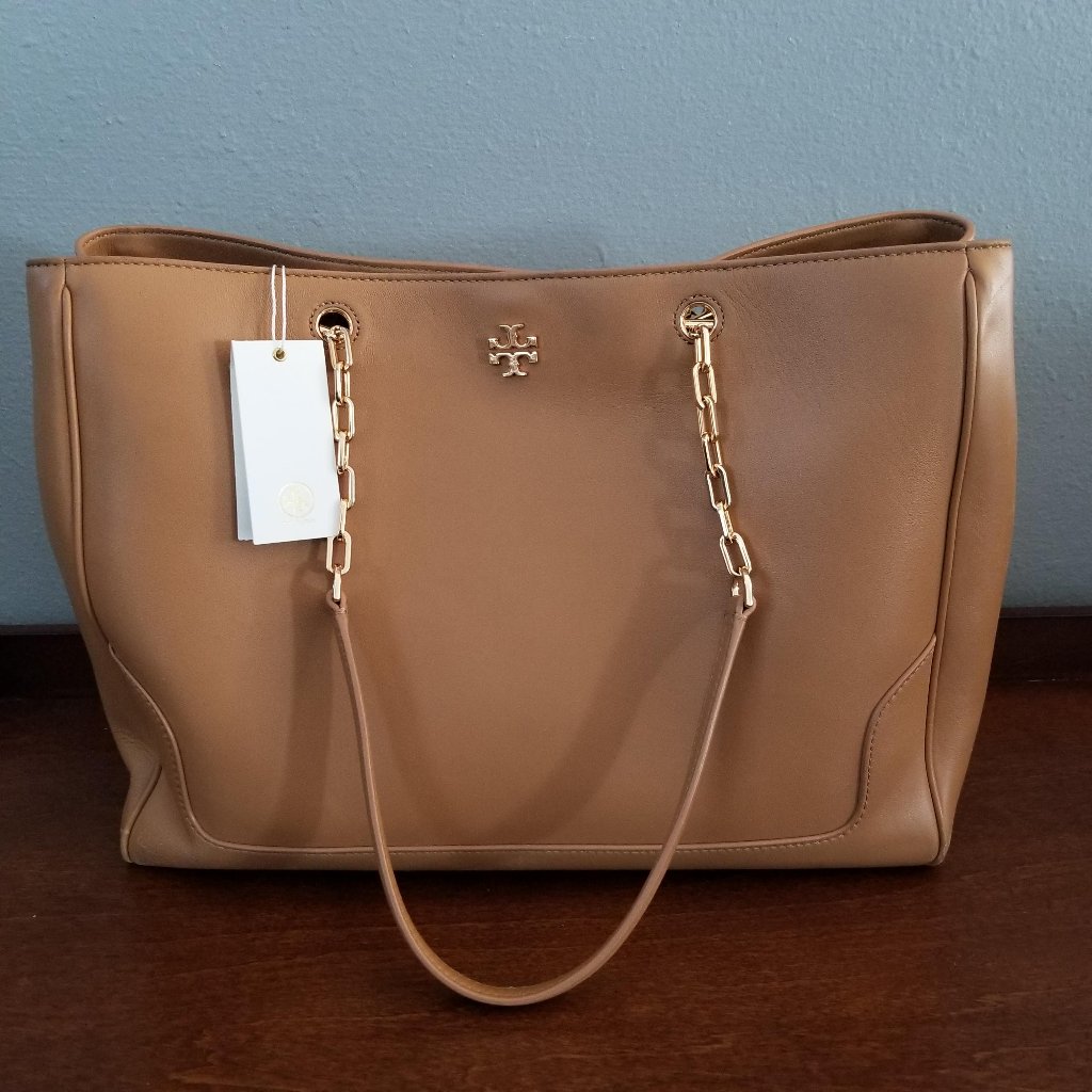 Tory Burch Tan Leather Tote With Gold Chain Straps